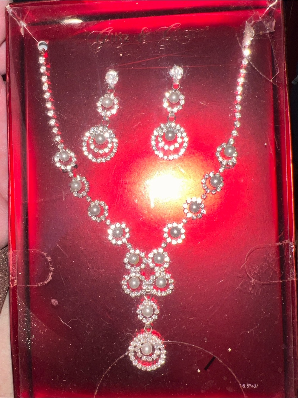 Pearl & Crystal Drop Necklace and Earrings Set - Silver Tone